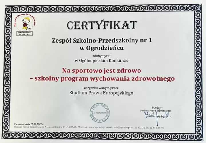 Zdjęcie: Certyfikat  ukonczenia programu "Na sportowo ...